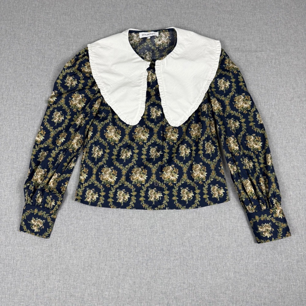 WeWoreWhat Navy Floral Peter Pan Collar Blouse XXS Cottagecore Puff Sleeve Top
